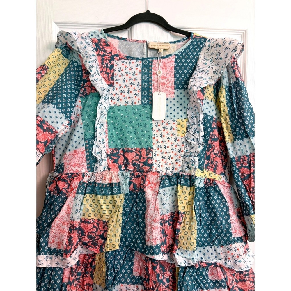 New Simply Southern Patchwork Tiered Maxi Dress Pink Teal Floral Large cottage - Picture 2 of 14